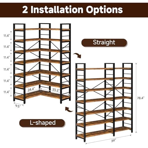 TEROL 7-Tier Corner Bookshelf, Reversible Wooden Shelves, Industrial Bookcase with Open Shelves and Sturdy Metal Frame, Display Shelf Storage Rack for Living Room, Bedroom, Home Office (Rustic Brown) - Thumbnail 3