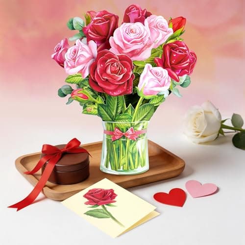 Airpark Mothers Day Gifts Card, 3D Pop Up Paper Flowers Bouquet 12’‘ with Note & Envelope, Birthday, Get Well, Teacher Appreciation Gifts, Anniversary, Wedding Gifts Cards for Women Wife Mom, Red Rose - Thumbnail 3