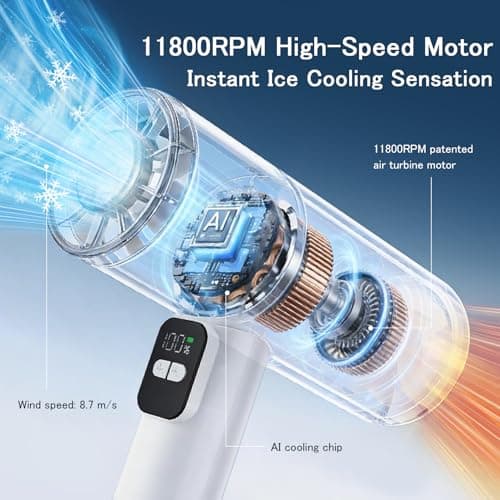 Aonesor High-Speed Handheld Fan with Ice Cooling, 11800RPM & 8.7m/s Powerful Turbo Fan, Metallic Texture 5 Speeds Personal Cooling Fan for Travel, LED Display Rechargeable Portable Fan, Silver - Thumbnail 6