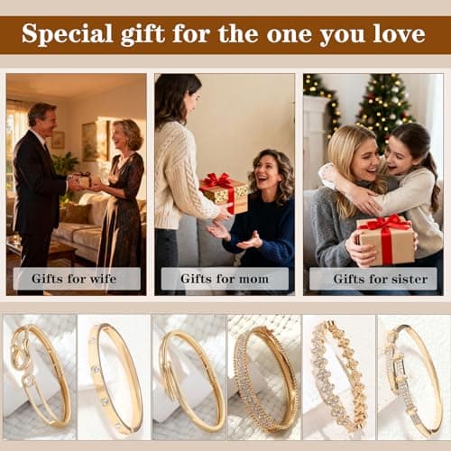 6-Piece 18K Gold Plated Bangle Bracelet Set for Women - Clover, Rivet & Safety Pin Designs, Stackable Trendy Jewelry, Zinc Alloy with Rhinestones, Tarnish & Oxidation Resistant, Gift for Her, Girlfriend, Wife, Mom, Sister, Lover on Birthday, Christmas, Valentine's Day, Mother's Day - Thumbnail 4