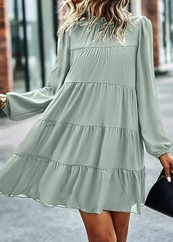 KIRUNDO Long Sleeve Baby Doll Dresses Women 2026 Casual Spring Summer Ruffle Mock Neck Tiered Mini Flowy Swing Shift Dress(Light Green, X-Large) - Thumbnail 6