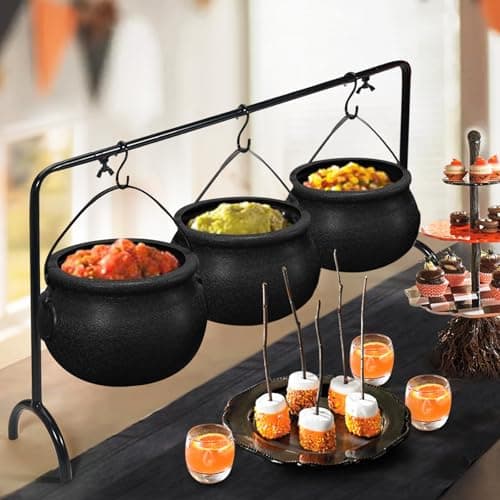 ORIENTAL CHERRY Halloween Decorations Indoor - Set of 3 Witches Cauldron Serving Bowls on Rack - Halloween Party Decorations Halloween Candy Bowl Black Plastic Cauldron for Home Kitchen Decor - Image 1