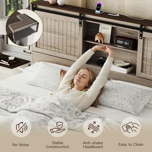 Uteeran King Size Bed Frame with Storage Headboard, Sliding Barn Door, Wood Platform Bed with Reading Light and Charging Station, Wood Slats Support, Easy Assembly, Noise-Free, Light Rustic Oak - Thumbnail 6
