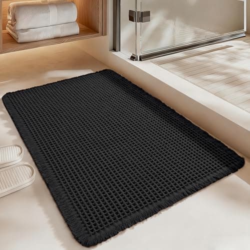 Siyaluens Luxury Waffle Bath Mat, Super Absorbent Non Slip Bathroom Rugs, Boho Ultra Soft Comfort Machine Washable Quick Dry Floor Mats with Tassels (Black, 20" x 30")