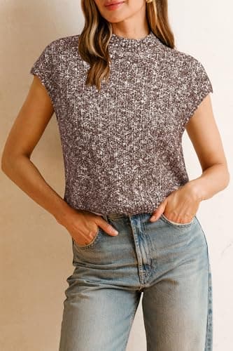 Arach&Cloz 2025 Women's Fashion Summer Fall Cotton Blend Cap Sleeve Sweater Vest Knit Side Slit Mock Neck Sleeveless Formal Tops Cute Casual Trendy Clothes Teacher Outfits Clothing White Brown S - Thumbnail 3