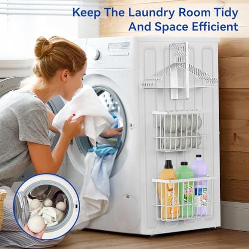Laundry Room Organization and Storage Magnetic Dryer Ball Holder with Magnetic Hanger Holder, Magnetic Lint Bin for Washer Dryer, Iron Basket Dryer Ball Container, Magnetic Laundry Organizer (White) - Thumbnail 5