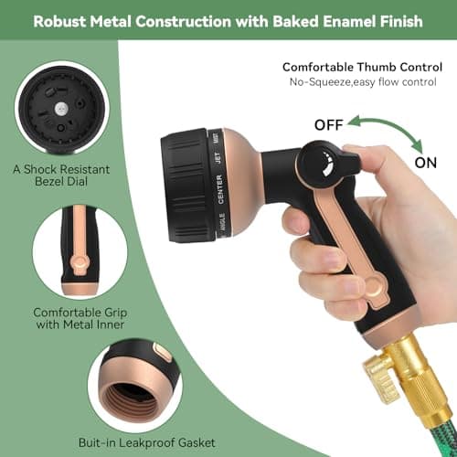 Garden Hose Nozzle Heavy Duty,Metal Water Hose Nozzle with 10 Adjustable Spray Patterns, High Pressure Hose Sprayer Nozzle Thumb Control On Off Valve for Lawn & Plant Watering, Car & Pet Washing - Thumbnail 3