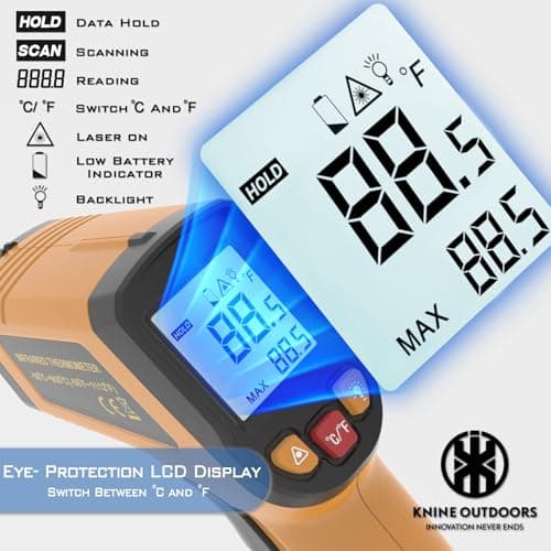 KNINE OUTDOORS Infrared Thermometer Laser Temperature Gun, -58℉ to 1112℉, Single Laser Targeting, Distance to Spot Ratio 12:1, for Cooking, Oven and Meat (Orange) - Thumbnail 2