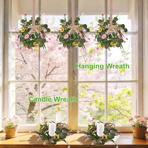 11.8 Inch Spring Summer Wreath, 4 Pcs Small Wreath Decorations with Daisy & Eucalyptus Leaves & Grass for Home, Door, Porch, Table, Candle Rings, Wall, Window, Cabinets（4, Spring Summer Wreath - Thumbnail 3