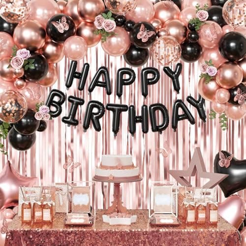 Rose Gold and Black Birthday Decorations for Women Girls, Pearl Metallic Rose Gold Black Foil Confetti Balloons Happy birthday Banner Gold Butterfly Fringe Curtains for Birthday Party Women Girls - Thumbnail 4