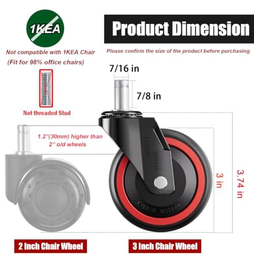TESUMI Office Chair Wheels 3 Inch Hard PA Wheels Chair Casters Replacement, Heavy Duty Quiet No Scratch Gaming Chair Wheel for Hardwood Floor Carpet, Set of 5, Universal Fit/Not for 1KEA//Tangle-Free - Thumbnail 3