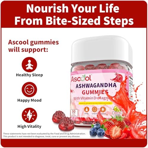 Ascool Ashwagandha Gummies for Stress Support & Relaxation with Magnesium + Vitamin D – 90 Count Sugar-Free, Vegan Ashwa Supplements - Thumbnail 2