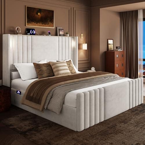 Uteeran Queen Bed Frame with 55.1" Tall Headboard, Velvet Upholstered Platform Bed with Channel Tufted Wingback, 2 Reading Lights/Storage Shelf/Charging Station/Easy Assembly/Noise-Free, Cream - Thumbnail 6