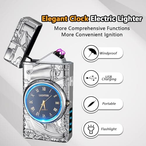 RSBYE Watch Lighter Dual Arc Plasma Electric Lighters USB Rechargeable Lighters with LED Battery Display Cool Lighter with Clock & Flashlight,Unique Gift for Men and Women (Boat Silver) - Thumbnail 3