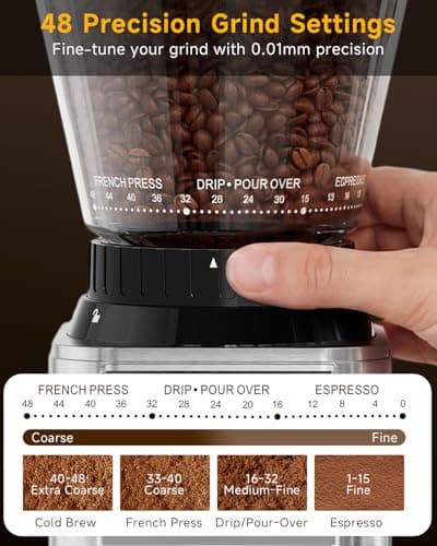IAGREEA Conical Burr Coffee Grinder for Espresso, 48 Adjustable Precise Timed Grind Settings Electric Coffee Bean Grinder, Anti-Static Stainless Steel One Touch Grinder with Portafilter Holder - Thumbnail 2