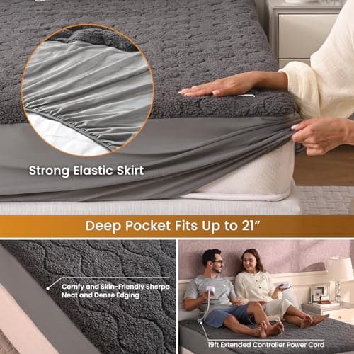 Bearhug Electric Heated Mattress Pad King Size Dual Control 78”x80” Sherpa Bed Warmer 21 Inch Deep Pocket Mattress Heating Pad with 10 Heat Settings 12 Hour Auto Shut Off Machine Washable Gray - Thumbnail 3