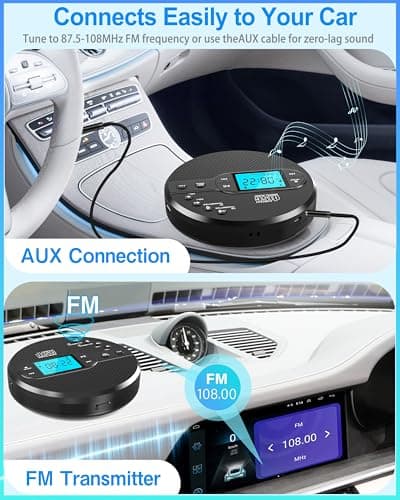Sunoony Portable CD Player with Bluetooth, Personal CD Player for Car with FM Transmitter, Rechargeable CD Player Portable with Anti-Skip Protection, Headphones, AUX/USB Supported, LCD Display(Black) - Thumbnail 5