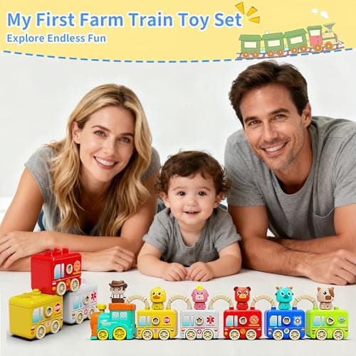 Montessori Train Toys for 2 3 4 Year Olds - Toddler Learning Train Set with Lights & Sounds, 6 Vehicle Transport, Lock & Key Activity, Farm Animal Finger Puppets, Easter Birthday Gift for Boys Girls - Thumbnail 5
