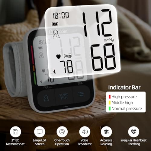 Berrcom Wrist Blood Pressure Monitor for Home Use, Automatic Digital BP Machine with Voice Broadcast, Large LCD Display, 2×120 Memory, Portable Case Included - Thumbnail 4