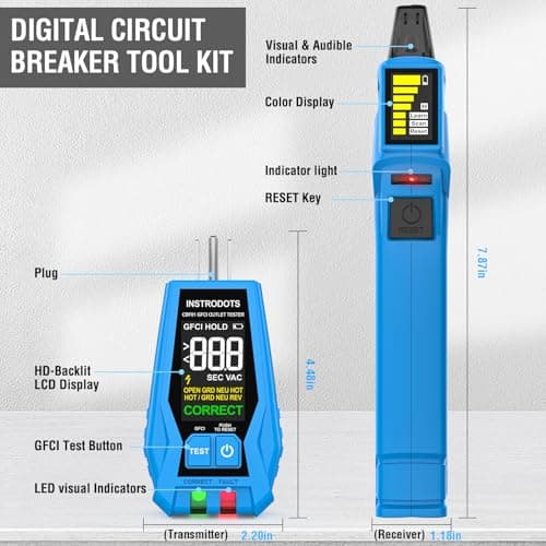 INSTRODOTS Circuit Breaker Finder Tool with Accessories, 90-135V AC Digital Breaker Finder with Integrated GFCI Outlet Tester, Circuit Tracer with Buzzer Alarm & Color Display, Includes Carrying Case - Thumbnail 6