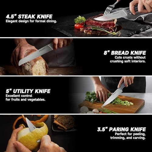 KEYCUT 13 PCS Knife Set with Block, Upgraded 5Cr15Mov High Carbon Stainless Steel Kitchen Knife Sets with Block and Sharpener, Ergonomic Full-Tang Handle, Professional Kitchen Knife Set - Thumbnail 6