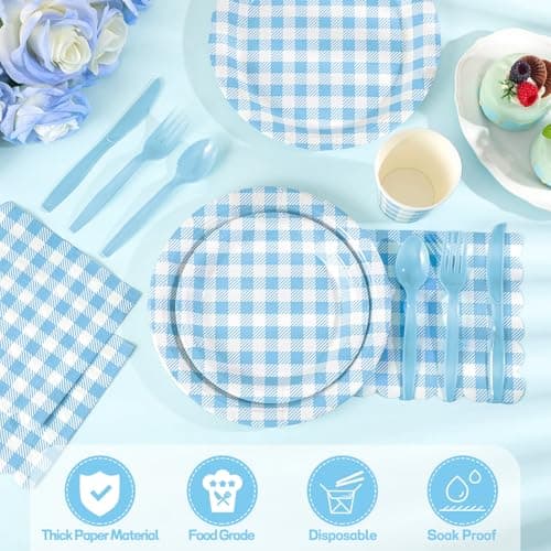 NatNarr 175 Pcs Gingham Paper Plates, Boy Baby Shower Decorations Include Blue Gingham Plates and Napkins Cups Disposable Blue Dinnerware for Picnic, Wedding, Birthday - Thumbnail 4