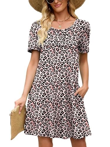 Heymoments Women Short Sleeve Dress Floral Print Medium Crew Neck Casual Flowy Cute Above Knee Sundress Comfy Shirt Teachers Summer Travel 2026 Novelty Dresses with Pockets