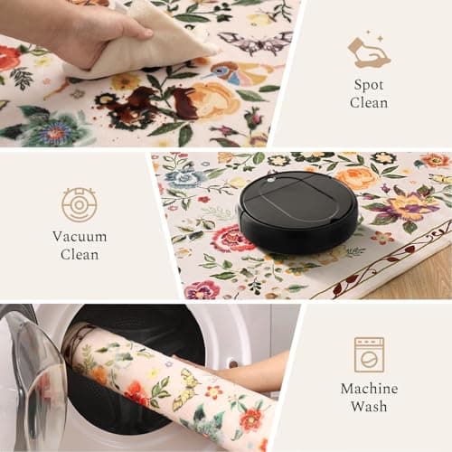 Rugflix 2x6 Runner Rug for Hallway, Washable Kitchen Runner Non Slip, Soft Low Pile Entryway Carpet, Vintage Floral Stain Resistant Long Laundry Room Rugs for Bedroom, Stairs, Beige - Thumbnail 4