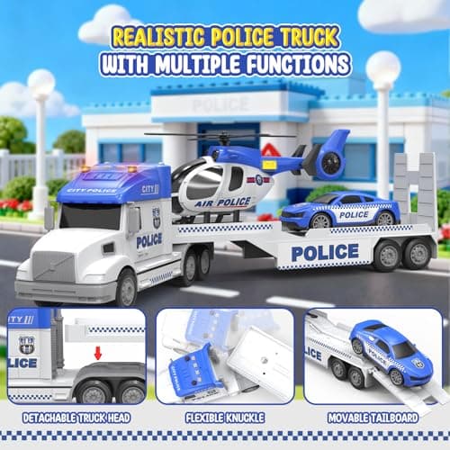 Toddler Toys for 3 4 5 6 Year Old Boys - 27" Large Police Semi Truck Toy with Racing Car and Helicopter, 3-in-1 Friction Powered Transport Vehicle with Lights Sounds, Christmas Birthday Gifts for Boys - Thumbnail 2