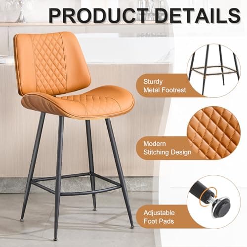 BERYTH Counter Height Barstools Set of 3, 26.9" Armless Stools with Metal Legs, Walnut Pub Chair in Modern Style,PU Leather Bentwood Bar Chair for Home Counter, Kitchen Dining Island,Cafe(WhiskyBrown) - Thumbnail 6