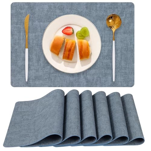 Boobezeen Faux Leather Placemats Set of 6, Heat Resistant Wipeable Washable Vinyl Place Mats, Waterproof Anti-Slip Dining Table Mats, Suitable for Indoor & Outdoor Use (Blue)