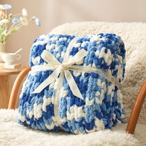 Amélie Home Chunky Knit Throw Blanket for Couch, Soft Chenille Crochet Blanket for Sofa, 50"x60", Space-Dyed Blue - Thumbnail 6