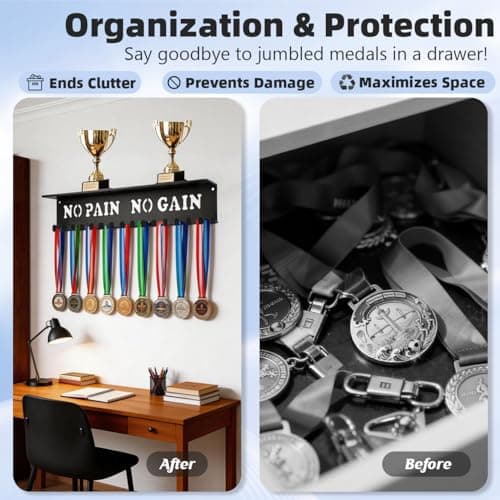 Bliocefo Medals Hanger Holder Display Steel Rack Hooks Wall Mount Frame Over 60 Medals-Sports Medal Hook Storage Organizer Never Give Up Ribbon with Easy Hanging Bars Black (No Pain No Gain Shelf) - Thumbnail 4