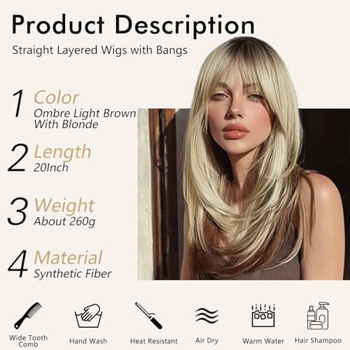 NOSTALGIA Wig with Bangs for Women Ash Blonde with Black Highlights-Dark Roots Straight Face-Framing Layers Hairstyle 4x4 Realistic Scalp Glueless Synthetic Wigs for Everyday Use - Thumbnail 6