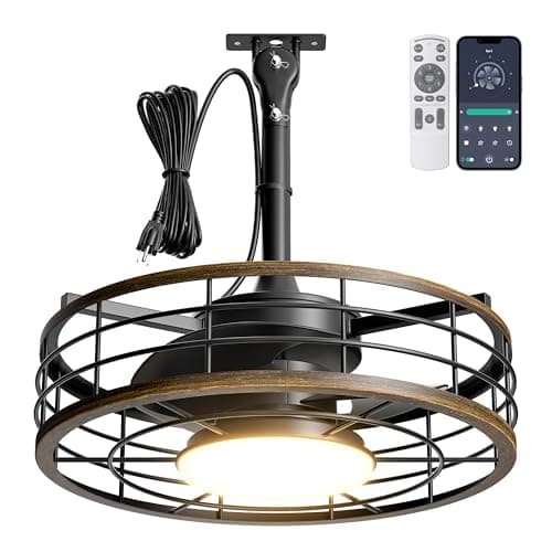 Phylluz Outdoor Ceiling Fan with Lights - 16'' Wet Rated Gazebo Fan Remote/APP Control, Caged Hanging Fan Plug and Play for Covered Patio Porch, Wood Color