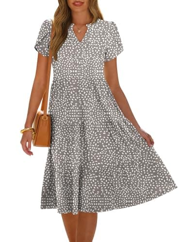 ANRABESS Womens Summer Causal Dresses V Neck Short Sleeve Midi Dress 2026 Flowy Tiered Boho Beach Sundress Vacation Outfits Khaki Polka Dot S