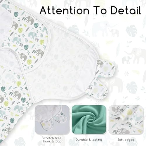 CIVARUA KIDS Baby Swaddles for Newborn Organic Cotton,Soft & Snug Newborn Velcro Swaddle 0-3 Months Sleep Sack Helps Calm Startle Reflex, 2-Pack Wrap Nursery Swaddling Blankets Sage Elephant - Thumbnail 4