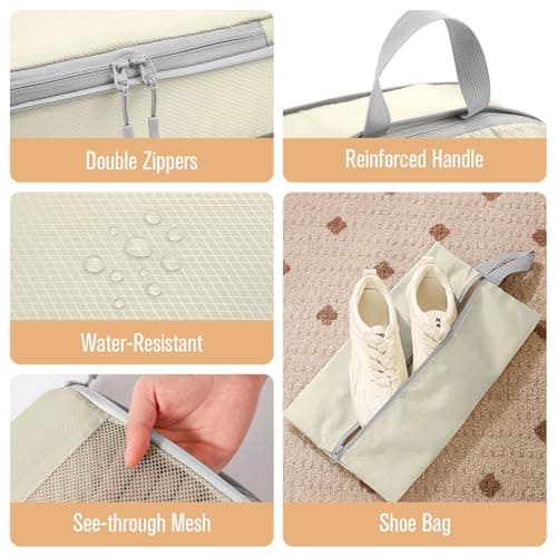 WOOMADA Compression Packing Cubes for Suitcases Travel Essentials 6 Set Rectangle Mesh Expandable Travel Bags Organizer for Luggage(Beige) - Thumbnail 6