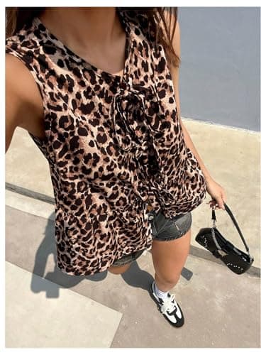 GORGLITTER Women's Cheetah Print Top Sleeveless Bow Tie Front Peplum Babydoll Vest Tops Going Out Blouse Shirt Brown X-Small - Thumbnail 3