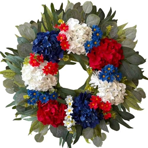 WANNA-CUL 250th Year Patriotic Wreath Decorations, 24 Inch Hydrangea 4th of July Wreaths for Front Door, Red White Blue Spring Door Wreath for Independence Day, Memorial Day for Indoor Outdoor Decor - Image 1