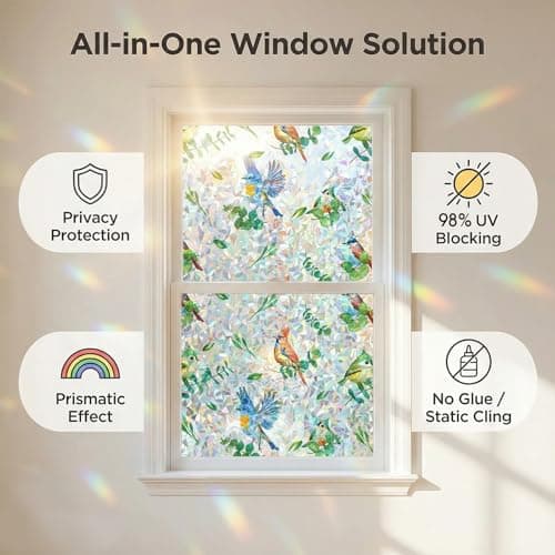 Stained Glass Privacy Window Film 3D Rainbow Bird & Leaf Window Privacy Film Decorative Static Cling UV Blocking No Peeling No Glue with Installation Kit for Kitchen Bathroom Rental 29.5" W x 78.7" H - Thumbnail 5