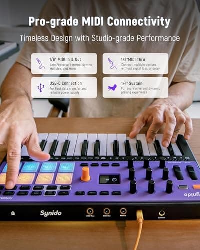 Synido Wireless 25 Keys USB MIDI Keyboard Controller Rechargeable with 8 Drum Pads, OLED Screen, MIDI In/Out/Thru, Professional BT Beat Maker Machine for Music Production, TempoKEY W25 - Thumbnail 6