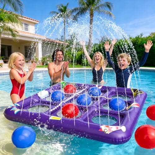 EPN Tic Tac Toe Pool Game with Sprinkler, 2-in-1 Upgraded Floating Pool & Lawn Game Set with 10 Balls, Inflatable Outdoor Water Toy for Kids Teens Adults, Pool Party & Backyard Games, Purple - Image 1