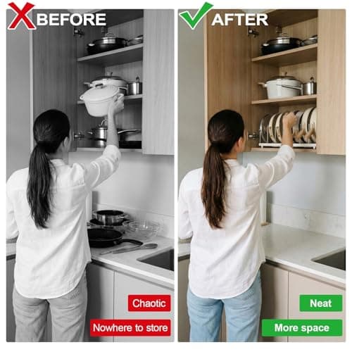 TOMSHUB Foldable Pots and Pans Organizer Under Cabinet, 8 Adjustable Stainless Steel Dividers,28.5" L x 9.1" W x 9.9" H Expanded, Folds Flat, Heavy Duty Kitchen Cabinet Organizer with Lid Holder - Thumbnail 5