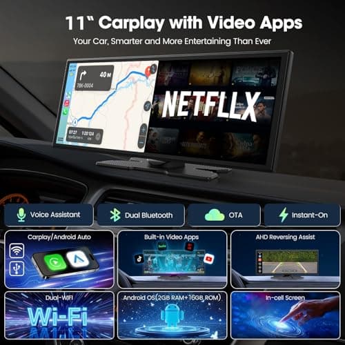 LAMTTO Upgraded 11'' Wireless Carplay Screen with Net-Flix YouTube Apps and Backup Camera Built-in Entertainment Video Box Navigation Voice Assistant for iOS 10+ Android 11+ - Thumbnail 2