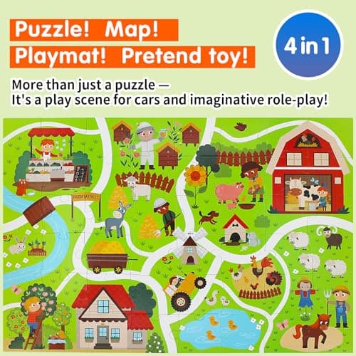 Beeqoo Farm Animals Jumbo Floor Puzzle for Toddles 2-4, Giant Adventure Track Jigsaw Puzzles for Kids Ages 3-5 (48 Piece 35.4x23.4 Inch Thick Cardboard), Educational Toys for Preschooler 4-6 Year Old - Thumbnail 2
