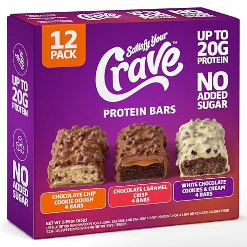 Satisfy Your Crave Protein Bars- High Protein Delicious Snacks- 19-20g of Protein, No Added Sugar- Variety Pack- Cookie Dough, Choc Caramel, Cookies & Cream- On-the-Go Snack, Pantry Staple & for Office, 12 Pack - Image 1