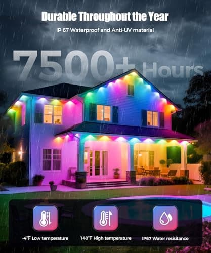 POOFZY Permanent Outdoor Lights for House,100ft RGB+IC Smart Outdoor Decor, 50 Scene Modes,App/Remote Control,IP67 Waterproof,for Christmas,Easter,V-Day,Thanksgiving,Daily & Holiday Party Decor - Thumbnail 3