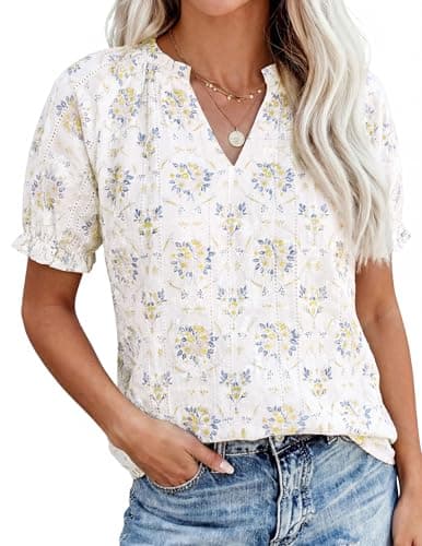 PRETTYGARDEN Summer Short Sleeve V Neck Shirts for Women 2026 Trendy Floral Print Loose Ruffle Tops Business Casual Blouses (Floral Beige,XX-Large) - Image 1