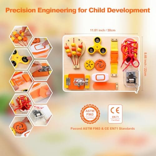 SEYTUFU Montessori Busy Board for Toddlers, Wooden Sensory Toys Autistic Children, Travel Toys for Educational Fidget Board with Switches & Music Boxes, Fidget Spinner, Locks for 3+ Year Kids Gifts. - Thumbnail 6